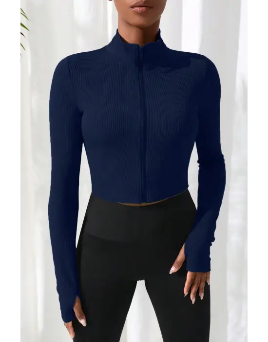 Omarı Lacivert Dik Yaka Crop Top Bluz