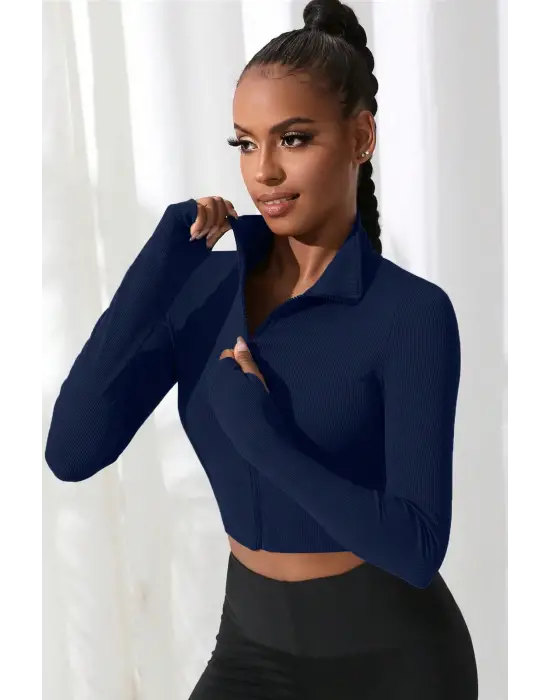 Omarı Lacivert Dik Yaka Crop Top Bluz