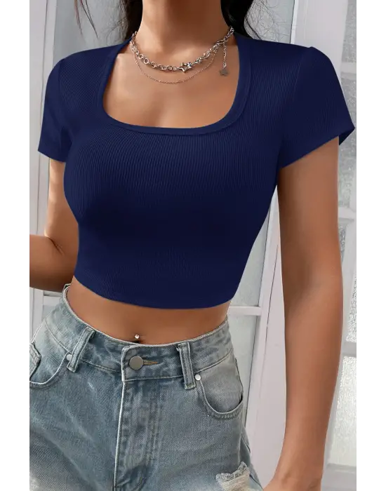 Omarı Lacivert Yarım Kol Crop Top Bluz