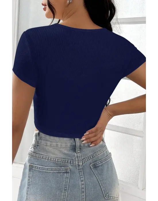 Omarı Lacivert Yarım Kol Crop Top Bluz