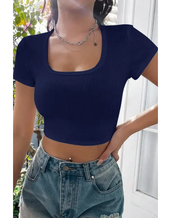 Omarı Lacivert Yarım Kol Crop Top Bluz