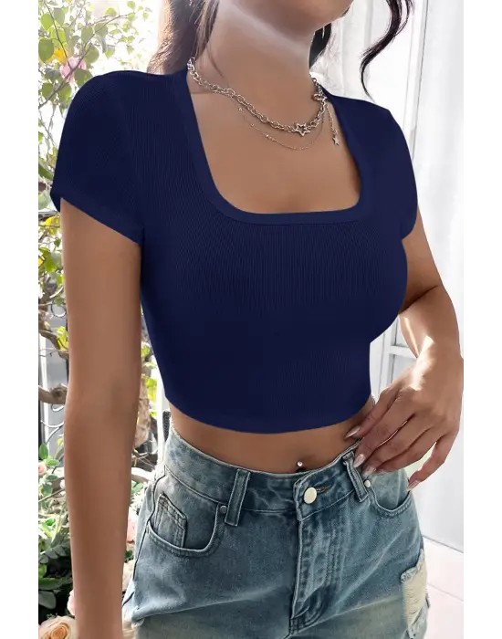 Omarı Lacivert Yarım Kol Crop Top Bluz