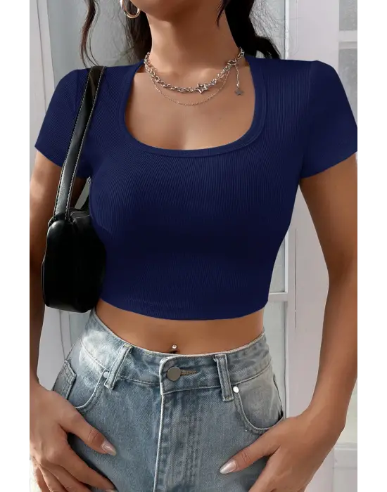 Omarı Lacivert Yarım Kol Crop Top Bluz