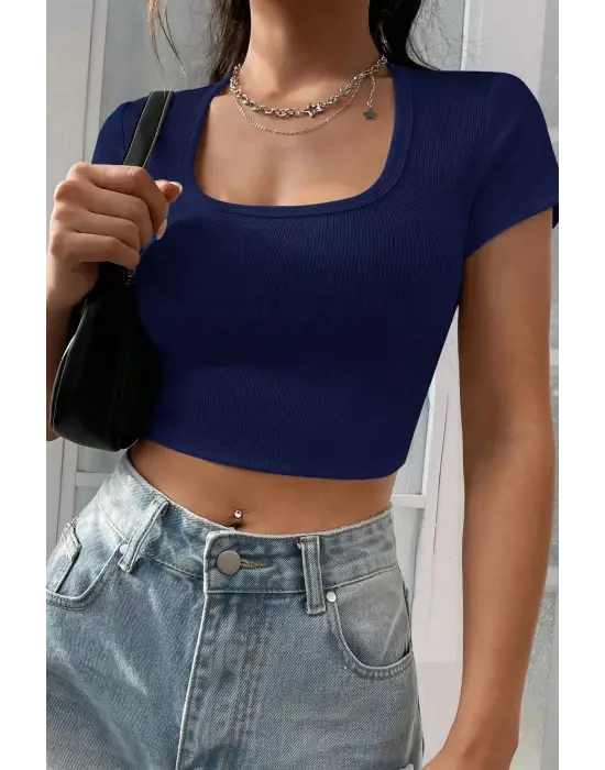 Omarı Lacivert Yarım Kol Crop Top Bluz