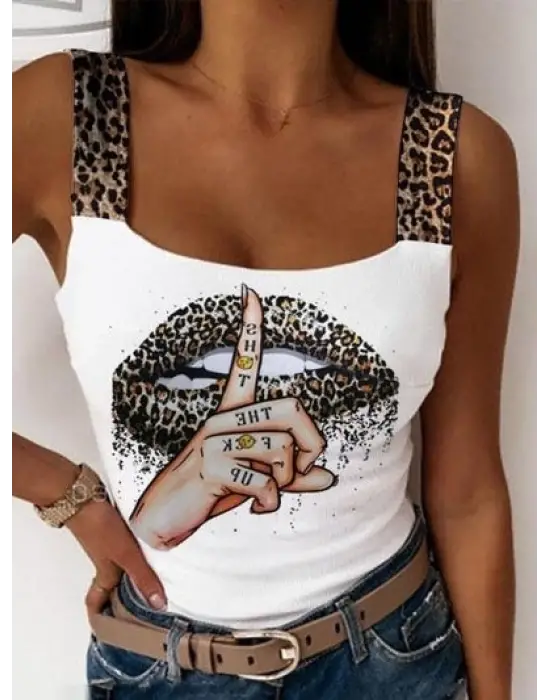 Omarı Leopar Desenli Mikro Kumaş Askılı Bluz