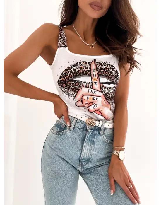 Omarı Leopar Desenli Mikro Kumaş Askılı Bluz