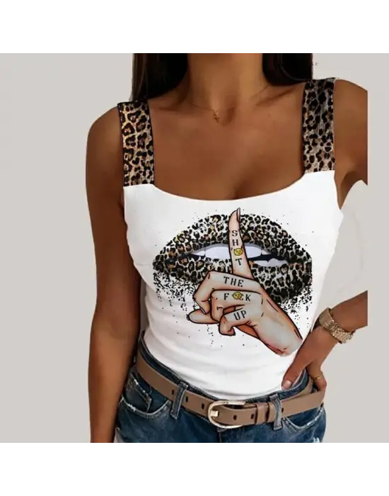 Omarı Leopar Desenli Mikro Kumaş Askılı Bluz