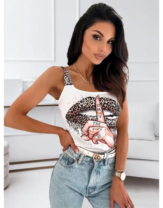 Omarı Leopar Desenli Mikro Kumaş Askılı Bluz