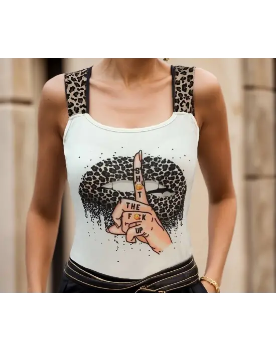 Omarı Leopar Desenli Mikro Kumaş Askılı Bluz