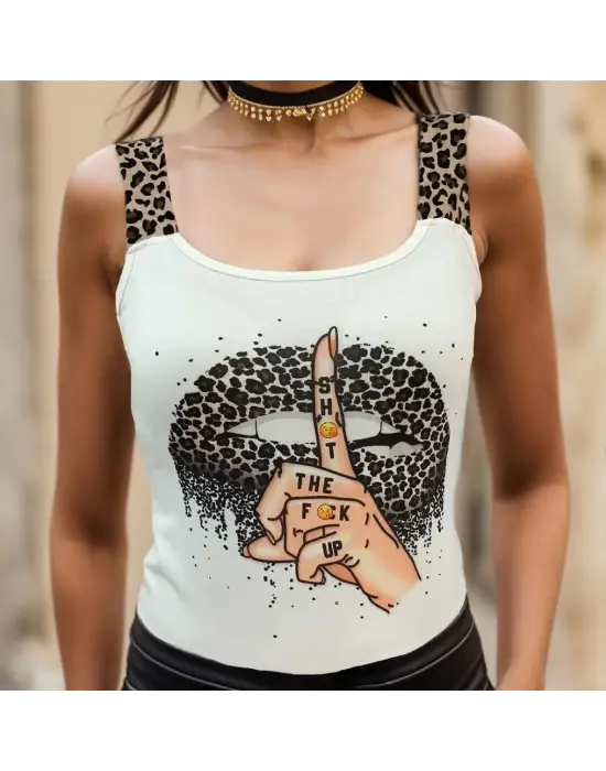 Omarı Leopar Desenli Mikro Kumaş Askılı Bluz