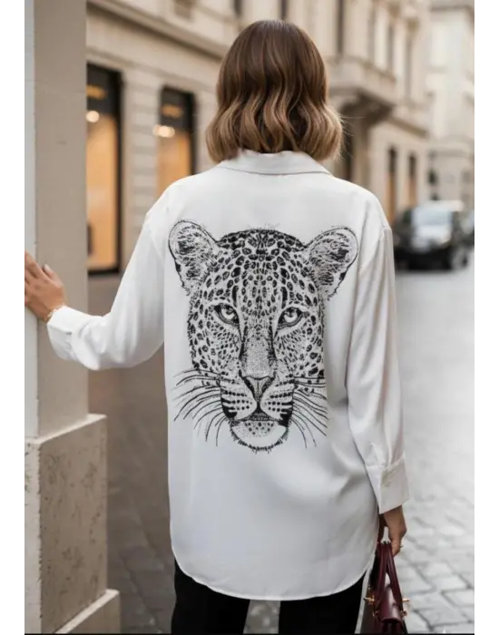 Kadın Leopar Baskılı Taş Işlemeli Jessica Kumaş Gömlek