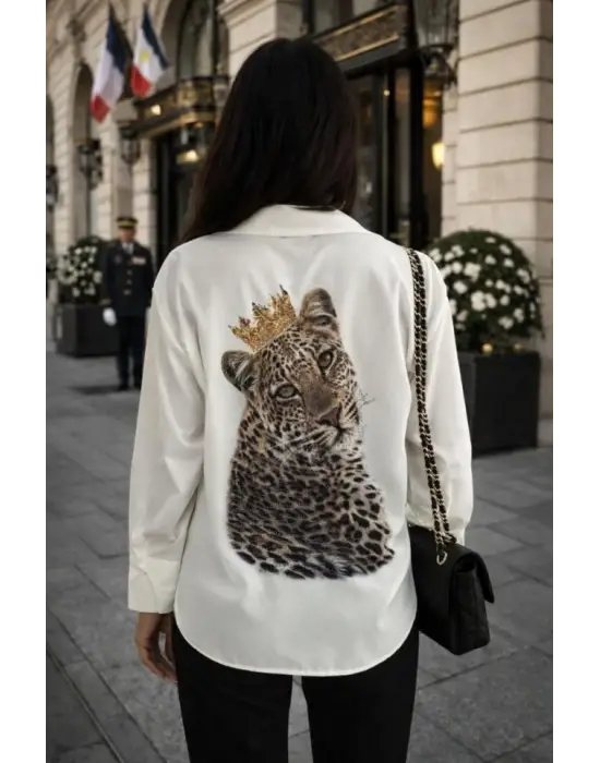 Kadın Leopar Baskılı Taş Işlemeli Jessica Kumaş Gömlek