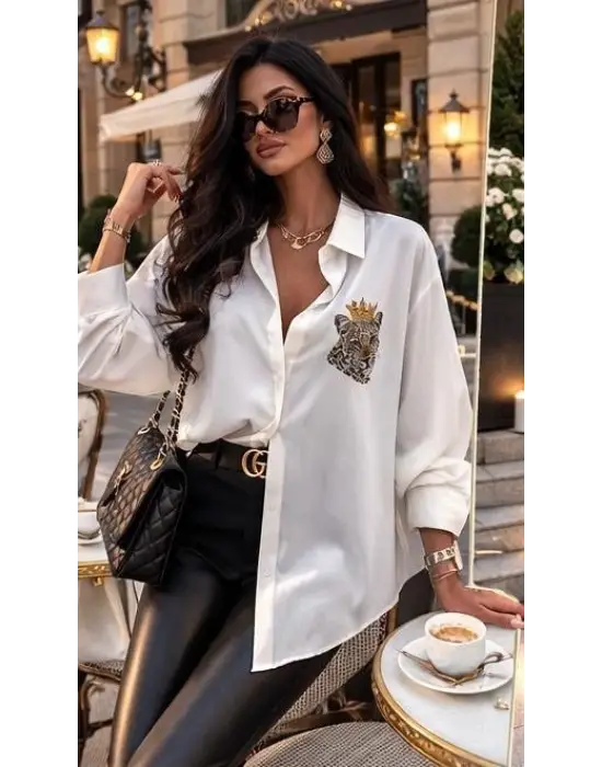 Kadın Leopar Baskılı Taş Işlemeli Jessica Kumaş Gömlek