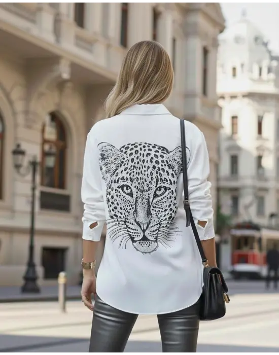 Kadın Leopar Baskılı Taş Işlemeli Jessica Kumaş Gömlek