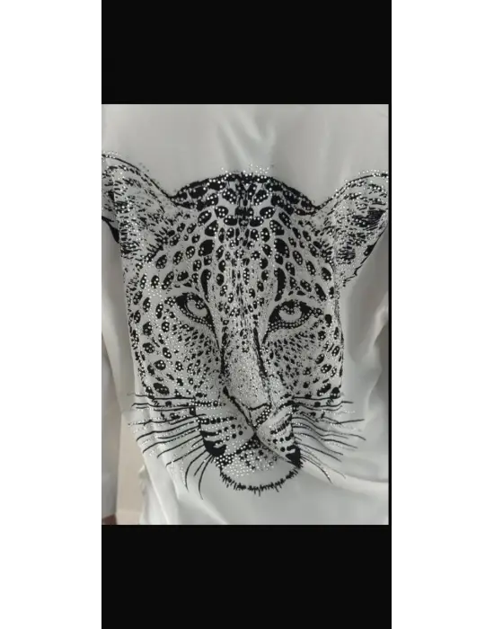 Kadın Leopar Baskılı Taş Işlemeli Jessica Kumaş Gömlek