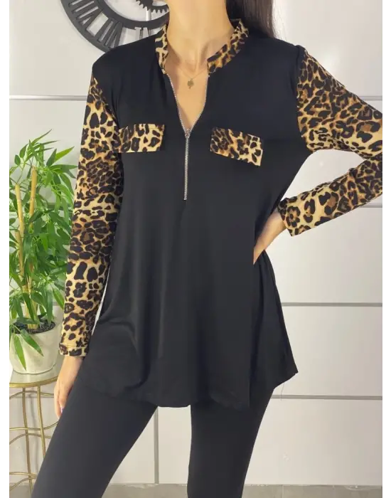 Kadın Leopar Desen Fermuar Detay Viskon Kumaş Bluz