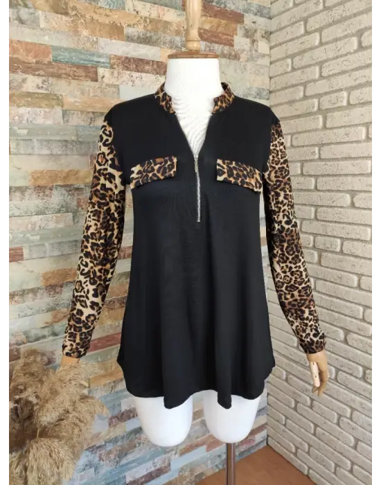 Kadın Leopar Desen Fermuar Detay Viskon Kumaş Bluz