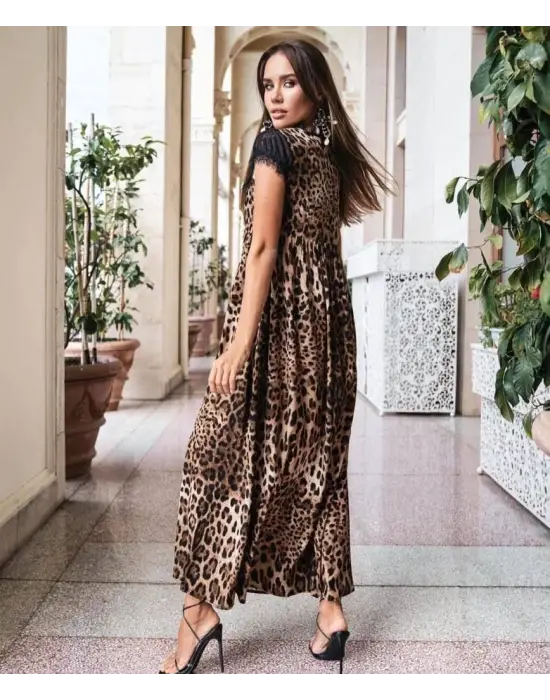 Kadın Leopar Desenli Dantelli Jesica Kumaş Maxi Boy Elbise