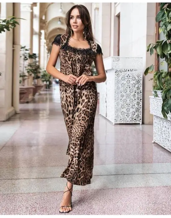 Kadın Leopar Desenli Dantelli Jesica Kumaş Maxi Boy Elbise