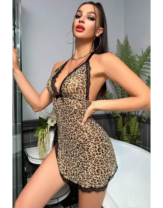 Omarı Derin V Yaka Leopar Desenli Dantelli Gecelik