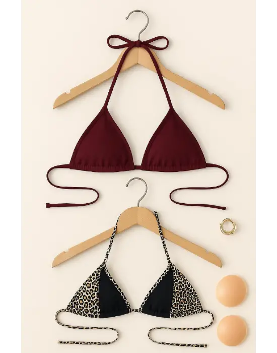 Omarı Leopar Desenli Bordo Bikini Üstü