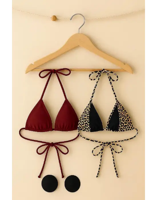 Omarı Leopar Desenli Bordo Bikini Üstü