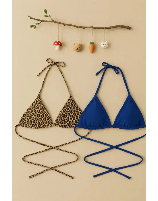 Omarı Leopar Desenli Mavi Minimal Bikini Üstü