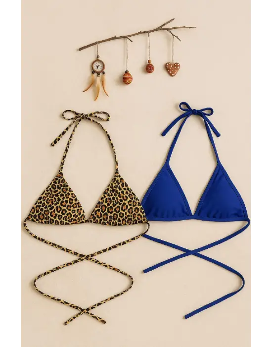 Omarı Leopar Desenli Mavi Minimal Bikini Üstü
