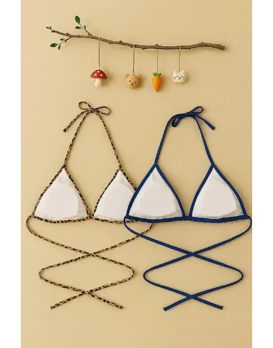 Omarı Leopar Desenli Mavi Minimal Bikini Üstü