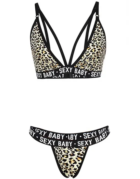 Omarı Leopar Desenli Yazı Detaylı İpli Sütyen Takımı