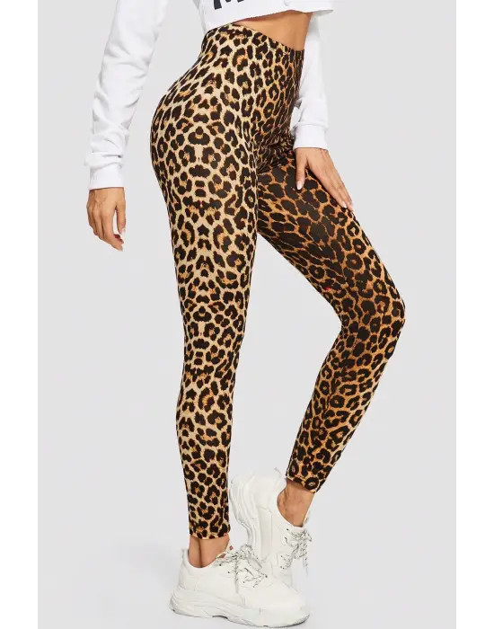 Omarı Leopar Desenli Yüksek Bel Esnek Tayt