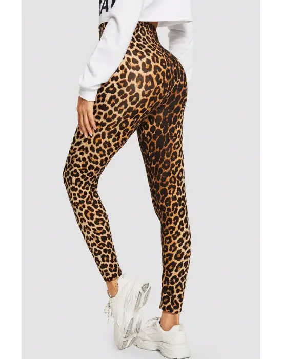 Omarı Leopar Desenli Yüksek Bel Esnek Tayt
