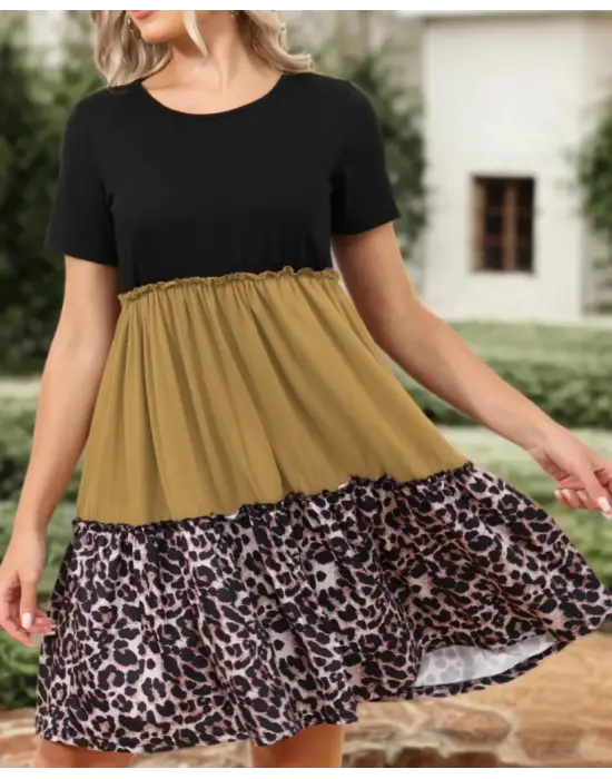 Kadın Leopar Detay üç Parça Viskon Elbise