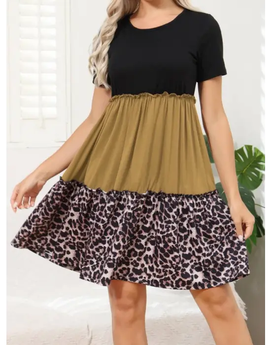 Omarı Leopar Desenli Viskon Elbise Seti