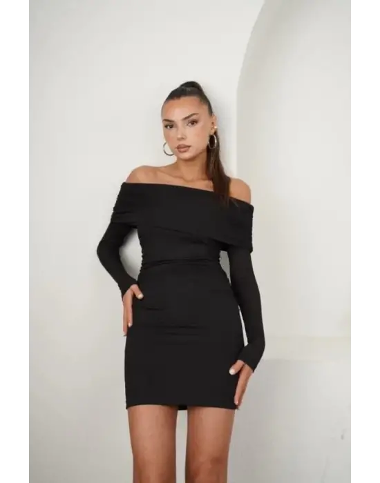 Omarı Beyaz Büzgülü Mini Elbise