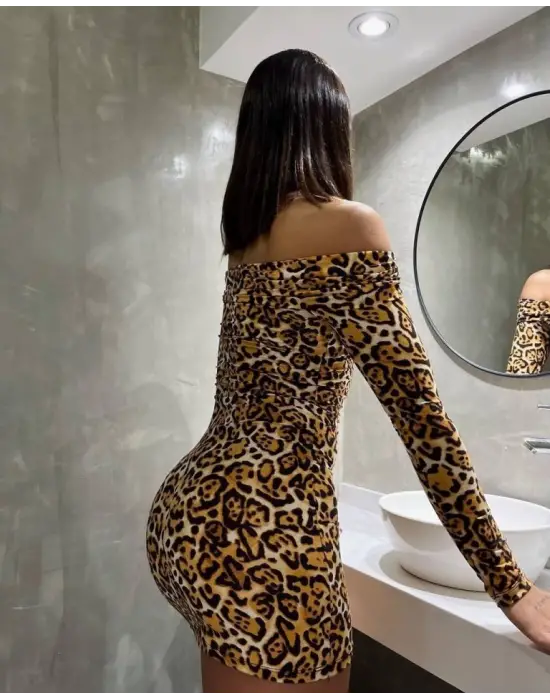 Omarı Leopar Desenli Mini Elbise Kadın İçin Özel