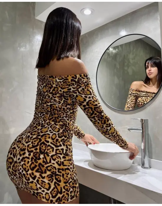 Omarı Leopar Desenli Mini Elbise Kadın İçin Özel