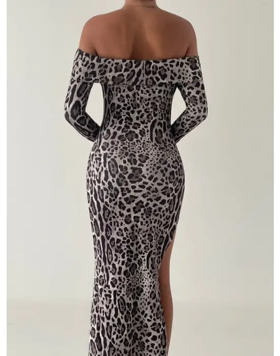 Kadın Madonna Yaka Dalgıç Kumaş Leopar Desen Maxi Boy Derin Yırtmaçlı Elbise