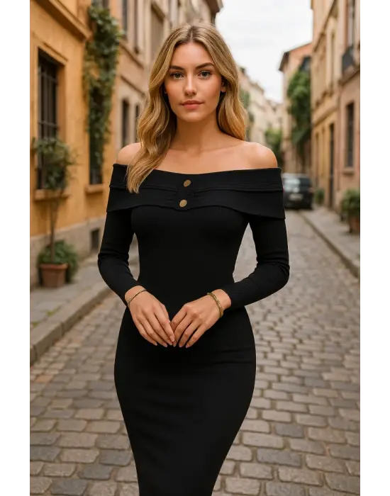 Omarı Düğme Detaylı Madonna Yaka Midi Boy Elbise