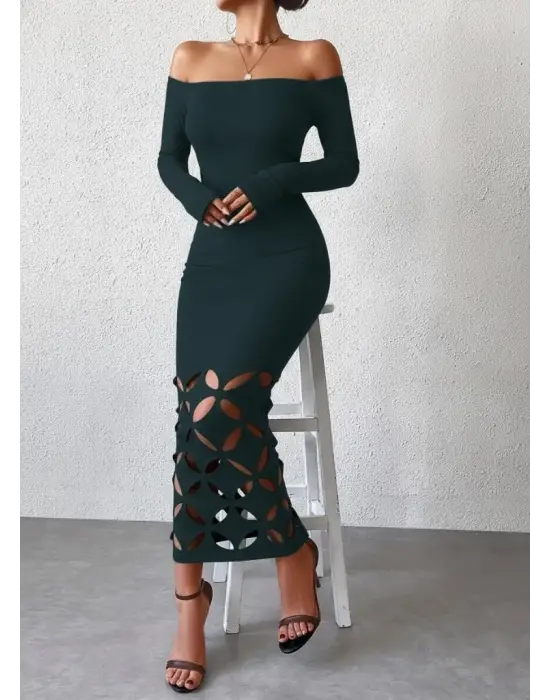 Kadın Madonna Yaka Uzun Kollu Lazer çiçek Kesim Detaylı Uzun Ithal Krep Elbise