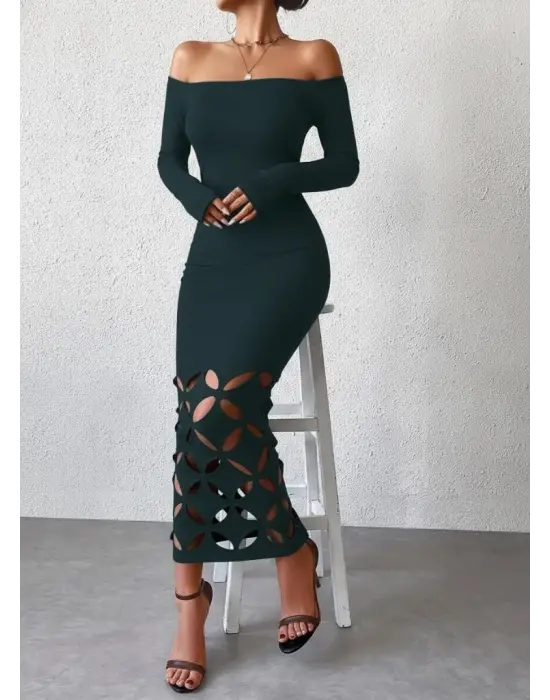 Kadın Madonna Yaka Uzun Kollu Lazer çiçek Kesim Detaylı Uzun Ithal Krep Elbise