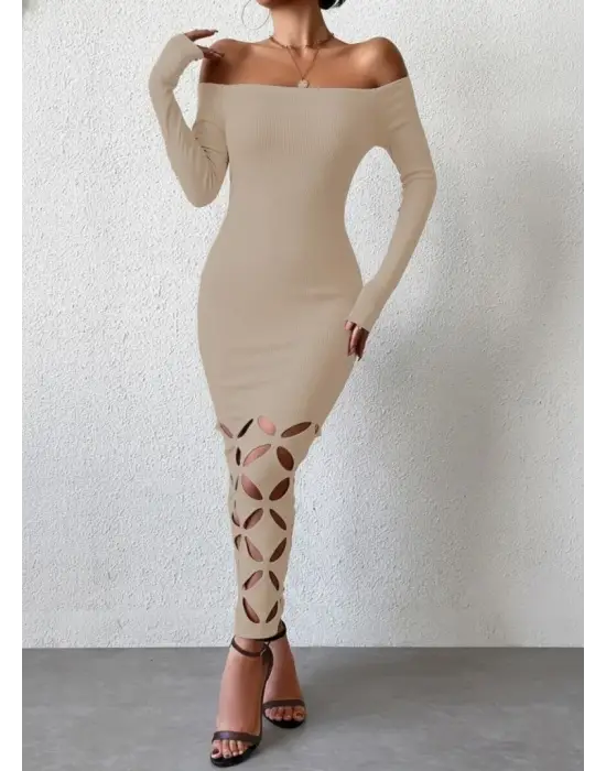 Kadın Madonna Yaka Uzun Kollu Lazer çiçek Kesim Detaylı Uzun Ithal Krep Elbise