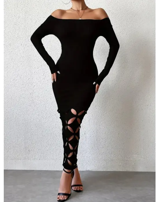 Kadın Madonna Yaka Uzun Kollu Lazer çiçek Kesim Detaylı Uzun Ithal Krep Elbise