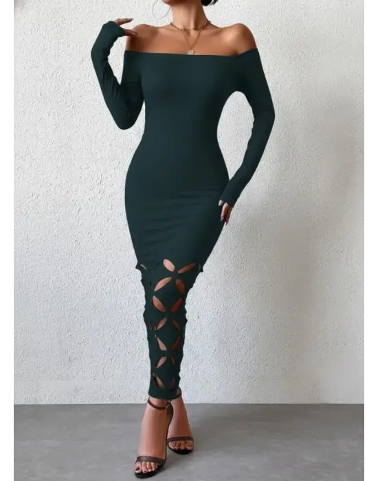 Kadın Madonna Yaka Uzun Kollu Lazer çiçek Kesim Detaylı Uzun Ithal Krep Elbise