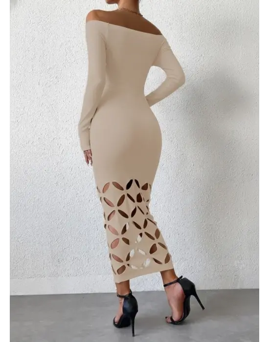 Kadın Madonna Yaka Uzun Kollu Lazer çiçek Kesim Detaylı Uzun Ithal Krep Elbise
