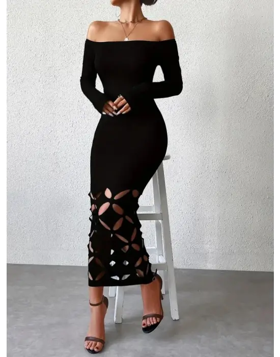 Kadın Madonna Yaka Uzun Kollu Lazer çiçek Kesim Detaylı Uzun Ithal Krep Elbise