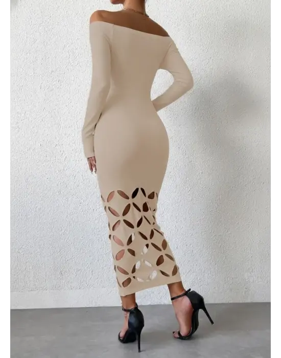 Kadın Madonna Yaka Uzun Kollu Lazer çiçek Kesim Detaylı Uzun Ithal Krep Elbise