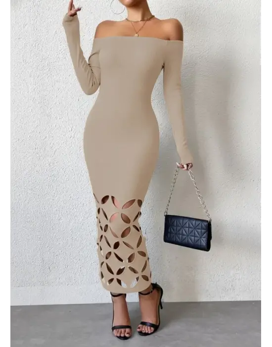 Kadın Madonna Yaka Uzun Kollu Lazer çiçek Kesim Detaylı Uzun Ithal Krep Elbise