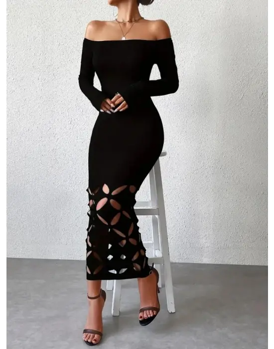 Kadın Madonna Yaka Uzun Kollu Lazer çiçek Kesim Detaylı Uzun Ithal Krep Elbise