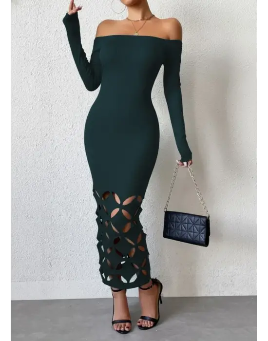 Kadın Madonna Yaka Uzun Kollu Lazer çiçek Kesim Detaylı Uzun Ithal Krep Elbise